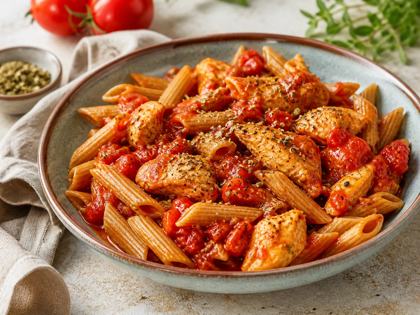 Hähnchen-Tomaten-Pfanne mit Vollkornnudeln
