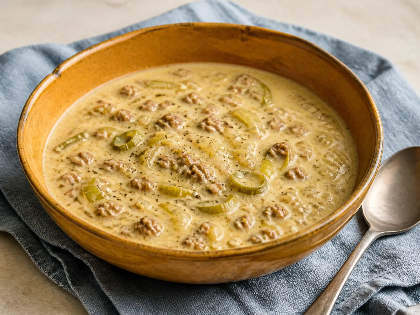 Käse-Lauch-Suppe mit Hackfleisch