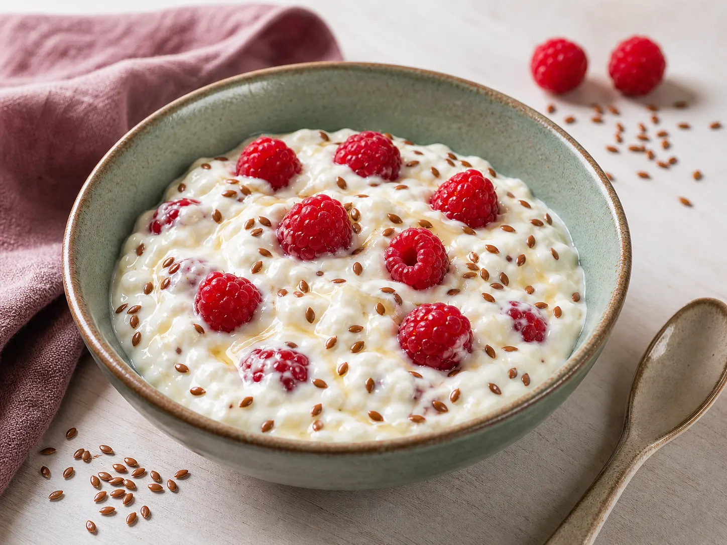 Magerquark mit Leinsamen und Himbeeren