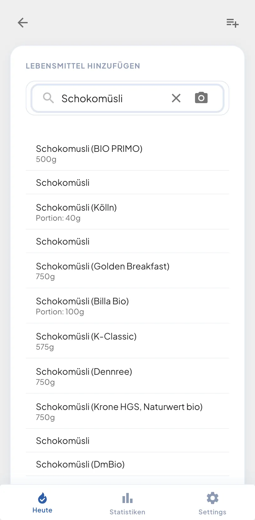 GoalFuel Lebensmittelsuche: Sucheingabe "Schokomüsli" mit Suchergebnisliste verschiedener Marken