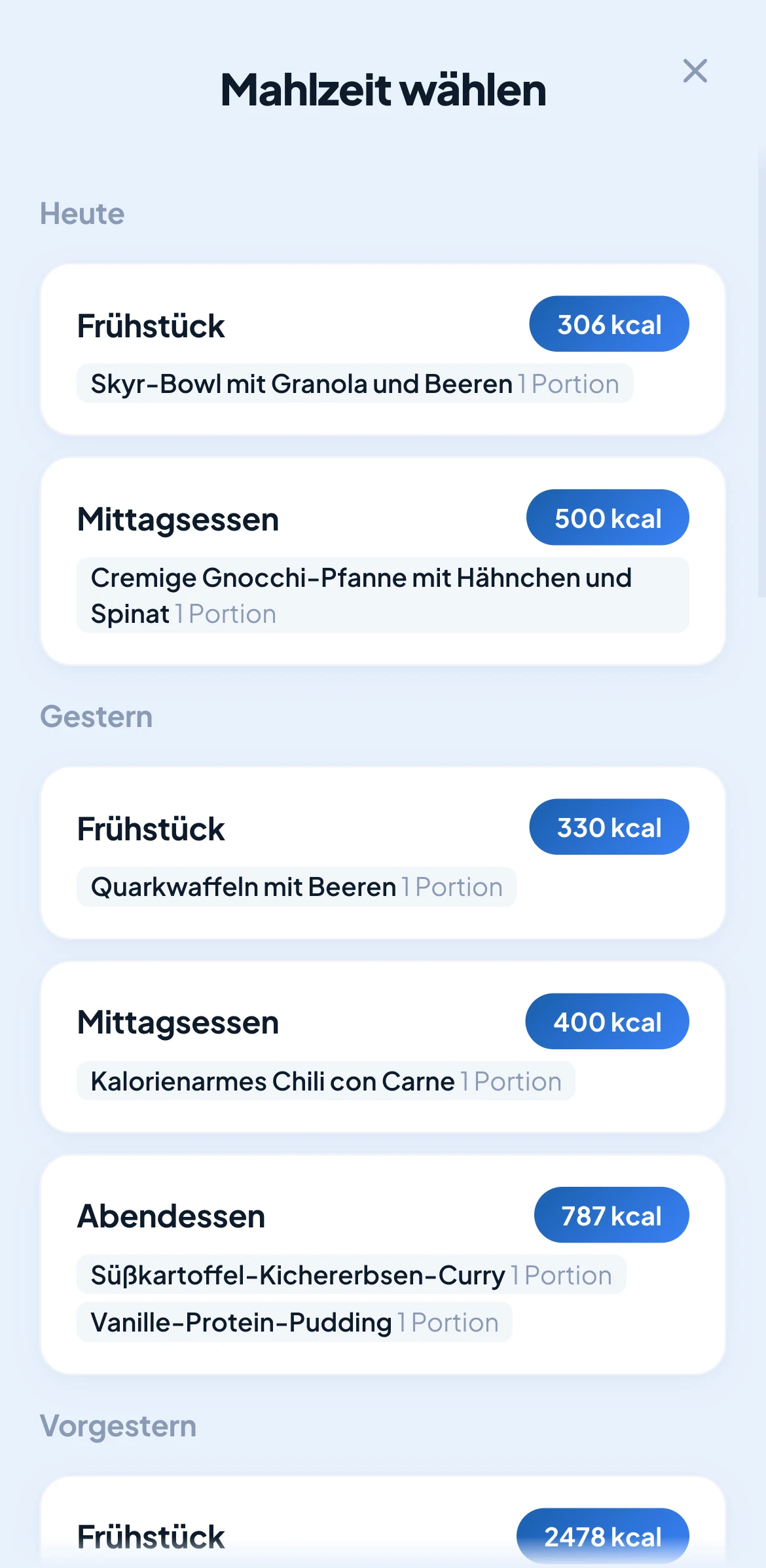 GoalFuel Schnellauswahl "Mahlzeit wählen": zuletzt geloggte Mahlzeiten nach Tagen (Heute, Gestern) mit Kalorienangabe lassen sich mit einem Tipp erneut hinzufügen
